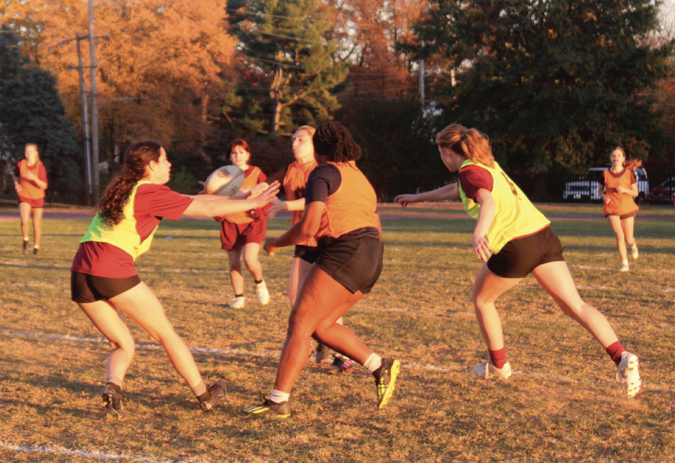 Working hard: The girls’ rugby team practices drills outside at Valley Forge Middle School twice a week on Tuesdays and Thursdays. This year, the team focused on advertising in hopes of recruiting new players.